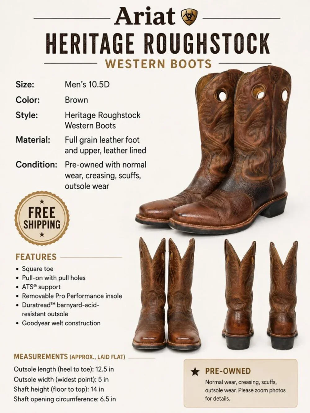 Ariat Heritage Roughstock Western Boots Men 10.5D Brown Square Toe 10002230